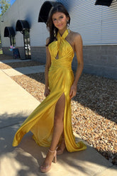 Yellow Halter Neck Satin Ruched Mermaid Long Prom Dress with Slit